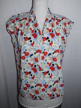 Ann Taylor Petite L PL Floral Popover Blouse Top V-Neck 607729 Tunic Stretch T73
